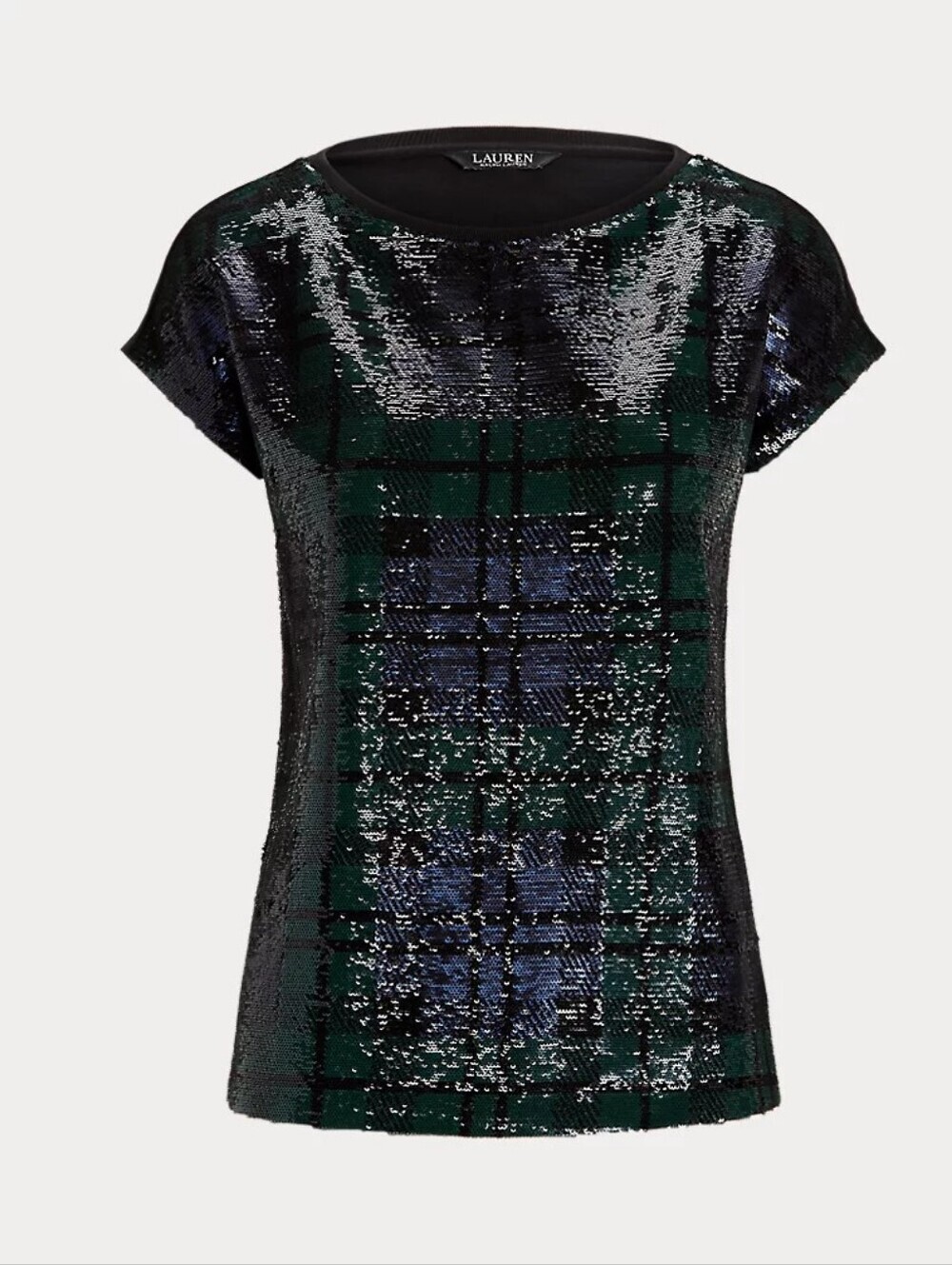 Lauren Ralph Lauren Green & Navy Sequin Plaid Short-Sleeve Top S/P